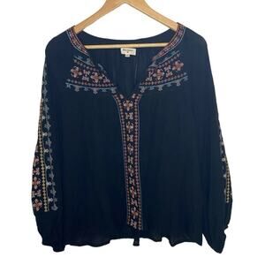 World Market Black V-Neck Embroidered Long Bishop Sleeve Loose Fit Top